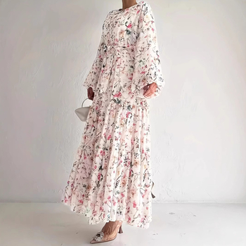 Közel-keleti muszlim, határokon átnyúló női virágmintás divatos és elegáns hosszú ruha övvel