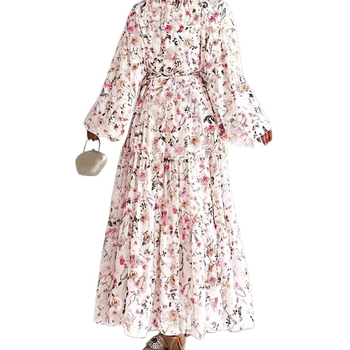 Közel-keleti muszlim, határokon átnyúló női virágmintás divatos és elegáns hosszú ruha övvel