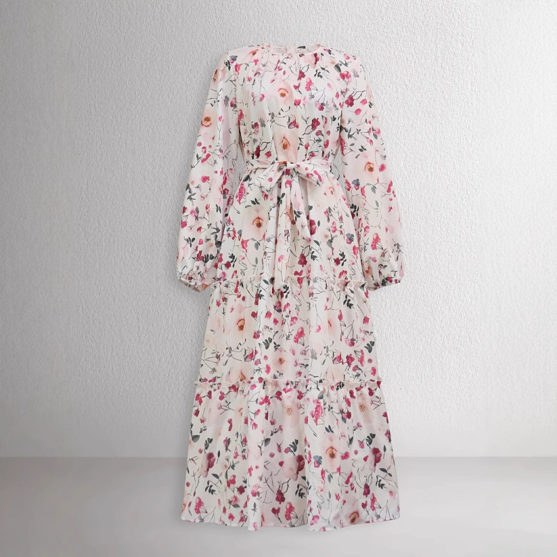 Közel-keleti muszlim, határokon átnyúló női virágmintás divatos és elegáns hosszú ruha övvel