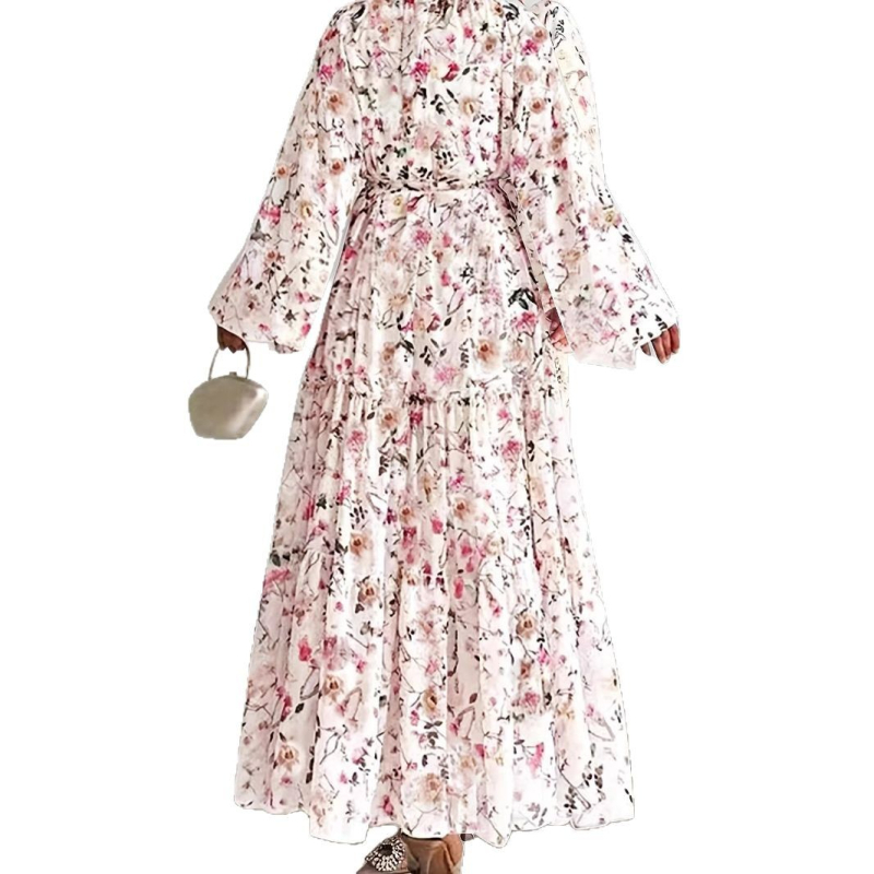 Közel-keleti muszlim, határokon átnyúló női virágmintás divatos és elegáns hosszú ruha övvel