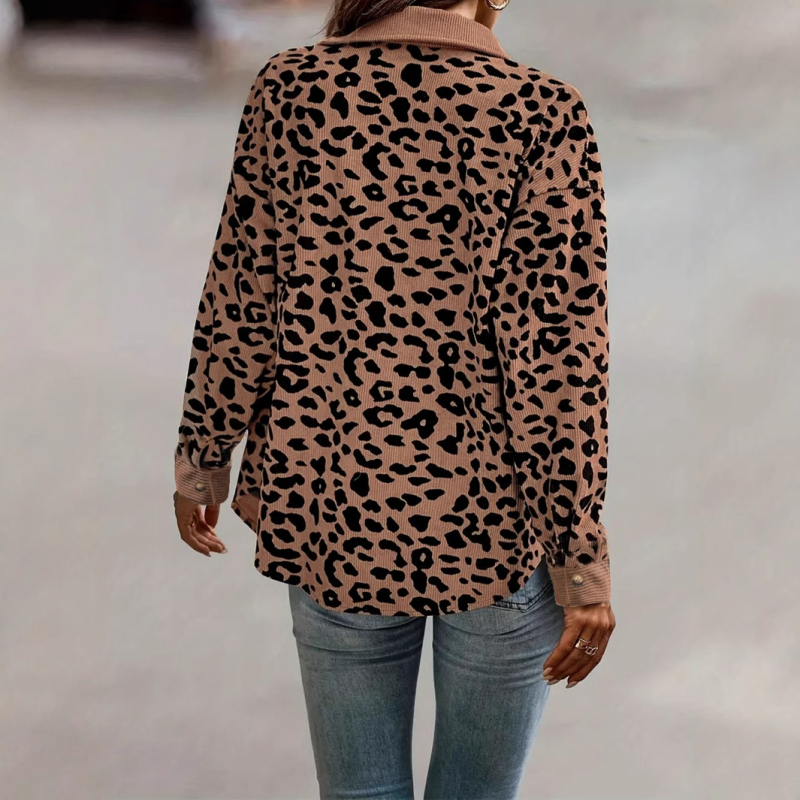 Bm04 Europietiškos ir amerikietiškos tarpvalstybinės moteriškos rudens ir žiemos mados leopardo rašto sagų ilgarankovė striukė