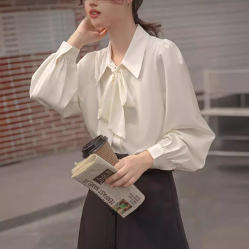 Lámpás ujjú elegáns őszi és téli Új masnis fehér ing női hosszú ujjú fűzős fazonú professzionális felső