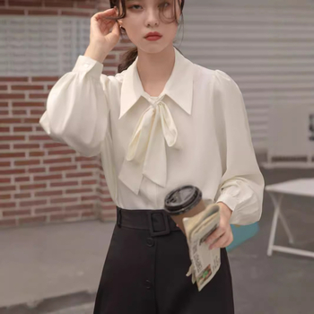 Lámpás ujjú elegáns őszi és téli Új masnis fehér ing női hosszú ujjú fűzős fazonú professzionális felső