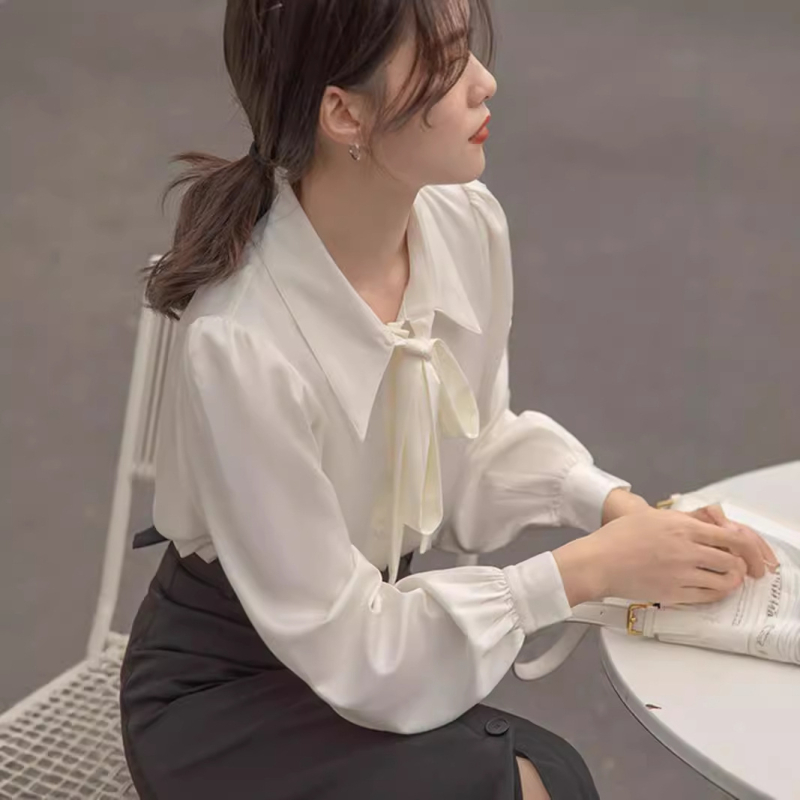 Lámpás ujjú elegáns őszi és téli Új masnis fehér ing női hosszú ujjú fűzős fazonú professzionális felső