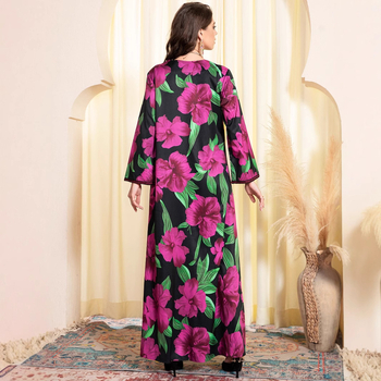 2025 tavaszi szezonbeli, határokon átnyúló, rózsaszín, édes V-nyakú, galléros, színes mintás, virágmintás, sifon, szalaggal díszített, arab hosszú ruha