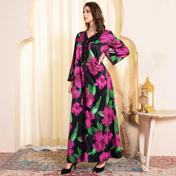 2025 tavaszi szezonbeli, határokon átnyúló, rózsaszín, édes V-nyakú, galléros, színes mintás, virágmintás, sifon, szalaggal díszített, arab hosszú ruha