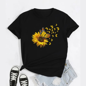 Új tavaszi napraforgós pillangómintás, laza pulóver, kerek nyakú, rövid ujjú női póló határokon átnyúló beszerzése