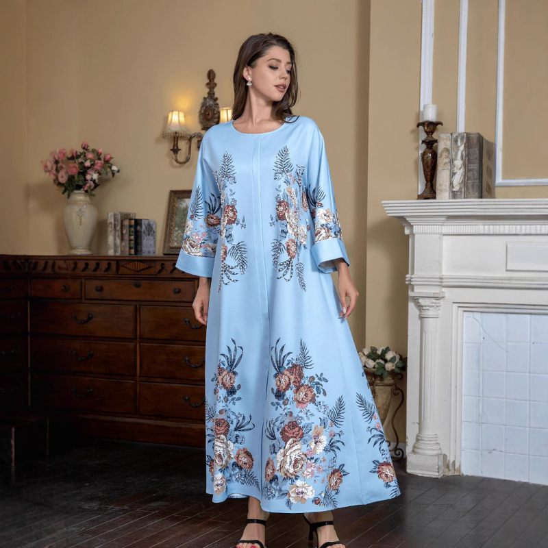 SW0905 Közel-keleti határokon átnyúló muszlim kerek nyakú köntös divatos elegáns abaya forró strasszos ágyúgyöngyös nyomtatású ruha