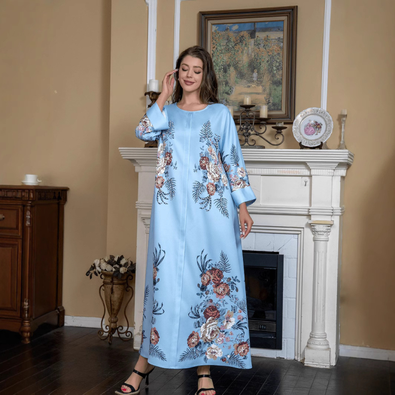 SW0905 Közel-keleti határokon átnyúló muszlim kerek nyakú köntös divatos elegáns abaya forró strasszos ágyúgyöngyös nyomtatású ruha