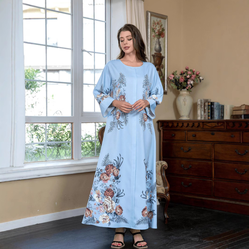 SW0905 Közel-keleti határokon átnyúló muszlim kerek nyakú köntös divatos elegáns abaya forró strasszos ágyúgyöngyös nyomtatású ruha