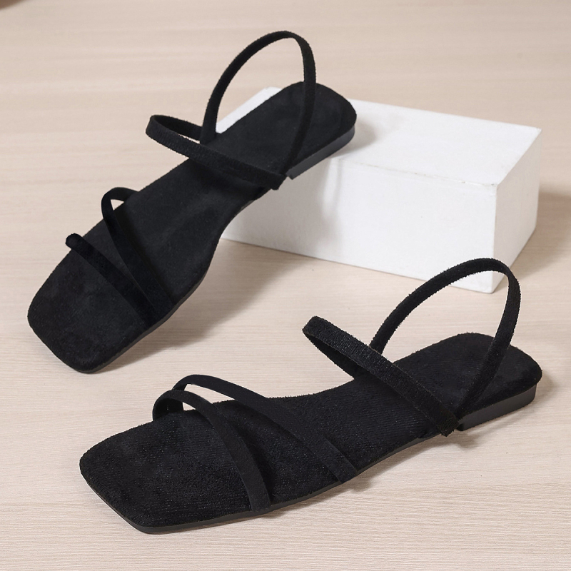 Prantsuse stiilis naistele mõeldud sandaalid 2025. aasta uued suvised haldjasstiilis kandilise ninaga lamedad moodsad väliskaubanduse pluss-suuruses sandaalid mustad Euroopa suuruses