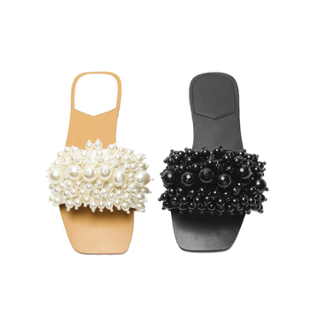 Naiste kandiliste ninaosadega helmestega romantilised valged lamedad rannasussid väliskaubanduseks, saadaval otsetarnetamiseks, mugavad lamedad kingad naistele