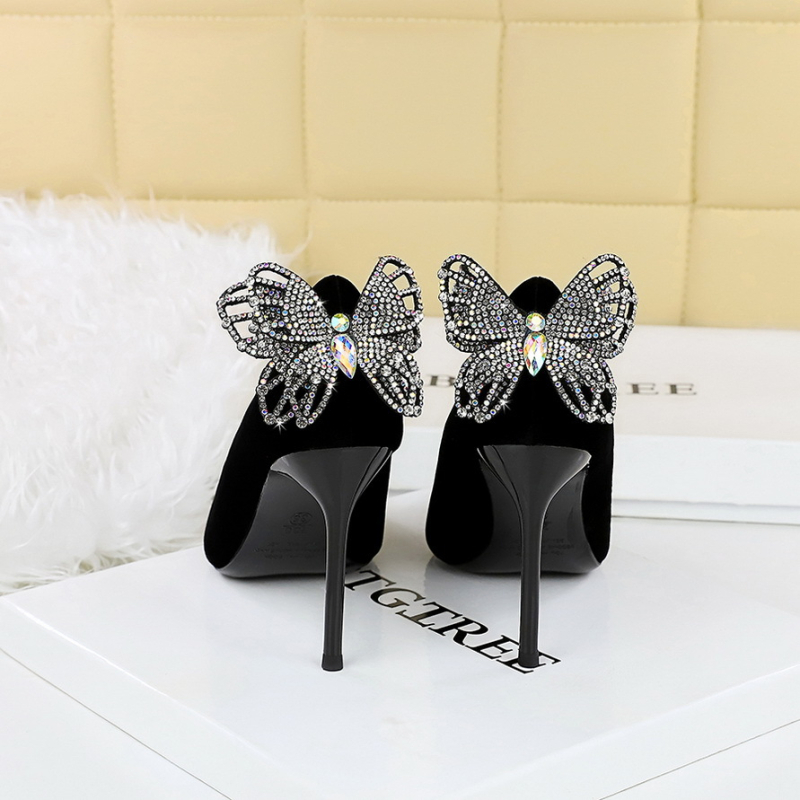 3739-H62M koreai stílusú divatos, sokoldalú, strasszos, masnis, elegáns, sekély szájú, tűsarkú, szuper sarkú cipő