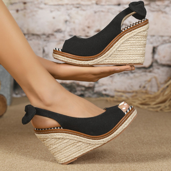 Zivs mutes superaugstas ķīļveida sprādzes sandales internetā populāras korejiešu stila augstpapēžu salmu jaunas kokvilnas auduma sprādzes zoles sieviešu kurpes pavasarim, vasarai un rudenim