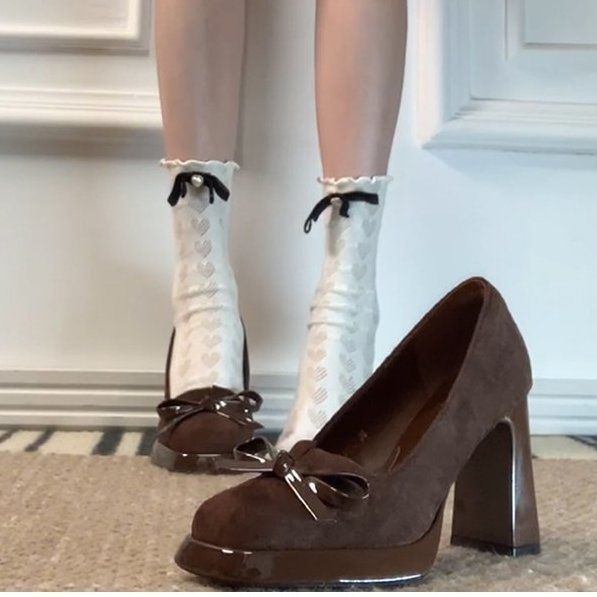 Új Retro Divat masni Magassarkú Szögletes Lábujj Sekély Szájú Egyszínű Cipő Női Vízálló Platform Elegáns Vastag Sarkú Mary Jane Cipők