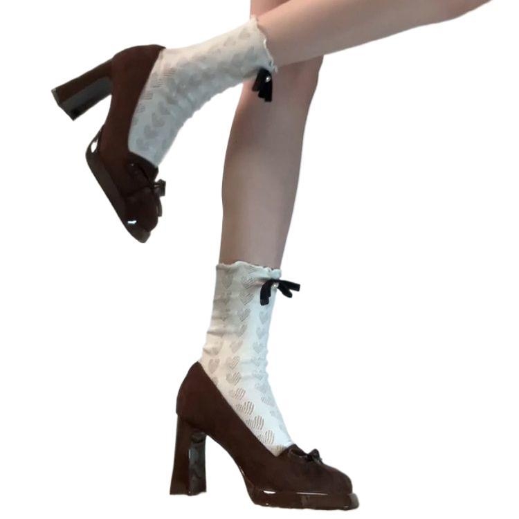 Új Retro Divat masni Magassarkú Szögletes Lábujj Sekély Szájú Egyszínű Cipő Női Vízálló Platform Elegáns Vastag Sarkú Mary Jane Cipők