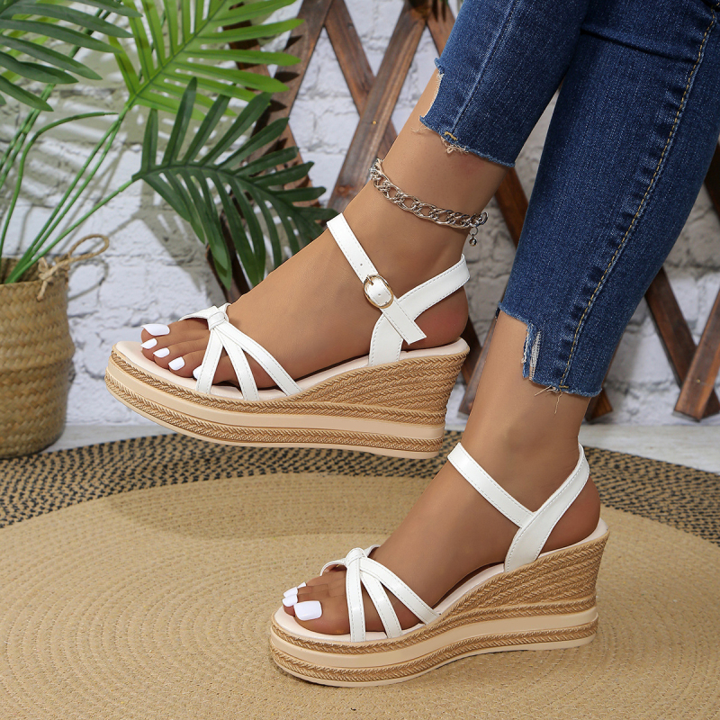 Išskirtinė tarpvalstybinė prekyba 2025 m., naujos, sagtimi užsegamos, vandeniui atsparios, aukštakulnės, korėjietiškos, atvirų, plius dydžio moteriškų basučių su pleištu, didmeninė prekyba.