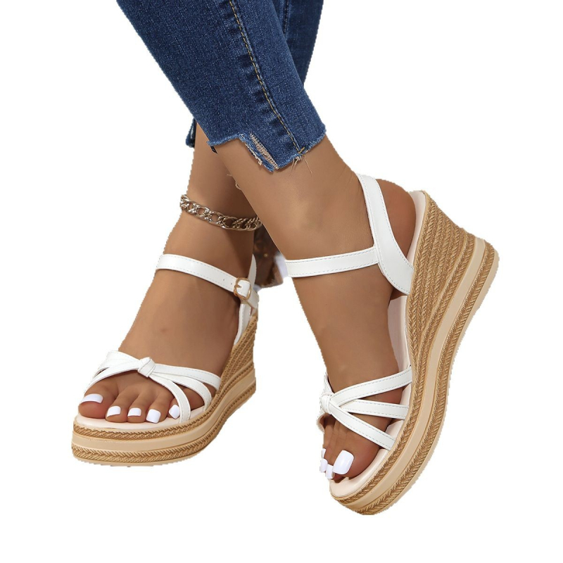 Išskirtinė tarpvalstybinė prekyba 2025 m., naujos, sagtimi užsegamos, vandeniui atsparios, aukštakulnės, korėjietiškos, atvirų, plius dydžio moteriškų basučių su pleištu, didmeninė prekyba.