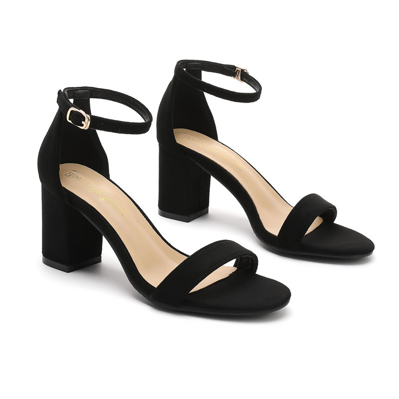 T divatos egyszavas csatos pántos magas sarkú szandál vastag sarkú női nyári nyitott orrú fekete velúr kényelmes plus size 43 gyári nagykereskedelem