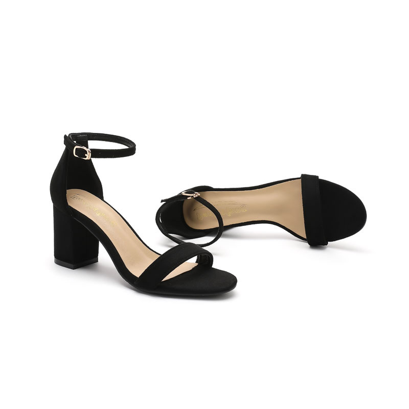 T divatos egyszavas csatos pántos magas sarkú szandál vastag sarkú női nyári nyitott orrú fekete velúr kényelmes plus size 43 gyári nagykereskedelem