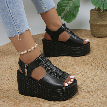 Vasaros nauji plius dydžio užsienio prekybos moteriški batai romėniško stiliaus pleišto formos storapadės tuščiavidurės basutės žuvies pirštais moteriškos užsienio prekybos aukštakulnės basutės