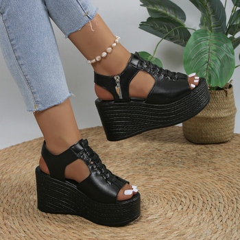 Vasaros nauji plius dydžio užsienio prekybos moteriški batai romėniško stiliaus pleišto formos storapadės tuščiavidurės basutės žuvies pirštais moteriškos užsienio prekybos aukštakulnės basutės