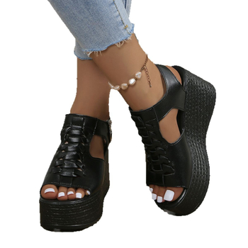 Vasaros nauji plius dydžio užsienio prekybos moteriški batai romėniško stiliaus pleišto formos storapadės tuščiavidurės basutės žuvies pirštais moteriškos užsienio prekybos aukštakulnės basutės