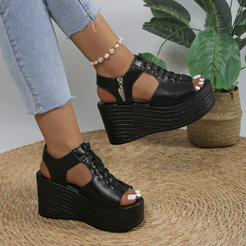 Vasaros nauji plius dydžio užsienio prekybos moteriški batai romėniško stiliaus pleišto formos storapadės tuščiavidurės basutės žuvies pirštais moteriškos užsienio prekybos aukštakulnės basutės