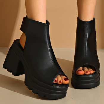 Eiropas un Amerikas sieviešu sandales ar biezu zoli un bieziem papēžiem, 2025. gada vasaras jauni ārējās tirdzniecības plus izmēra augstpapēžu ādas zābaki ar apaļu purngalu