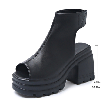 Eiropas un Amerikas sieviešu sandales ar biezu zoli un bieziem papēžiem, 2025. gada vasaras jauni ārējās tirdzniecības plus izmēra augstpapēžu ādas zābaki ar apaļu purngalu