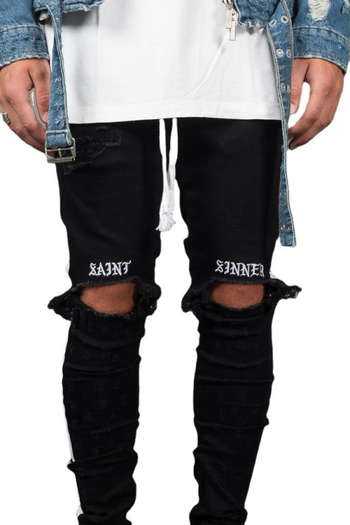 Férfi harántvágású, szakadt szárú farmer Amazon wish európai és amerikai oldalsó szalagos farmernadrág, új