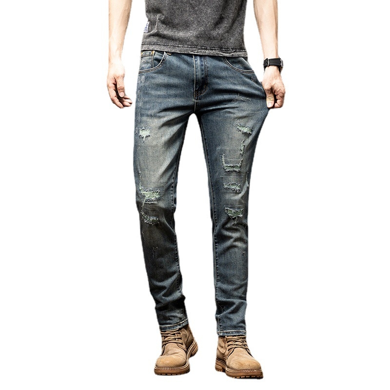 Xintang Új Érkezés Szakadt Hímzett Farmer Férfi Koreai Stílusú Trendi Stretch Slim-Fit Alkalmi Hosszú Nadrág Kis Lábakkal