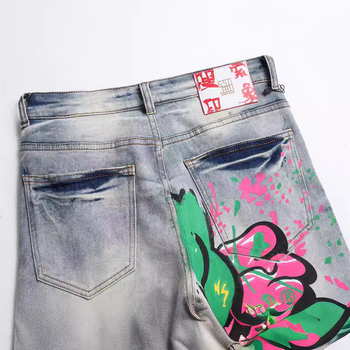 Stílus Punk Trendi Lezser Mindenhez illő Retro Kék Szaggatott Slim-Fast Stretch Mintás Skinny Farmer 3295