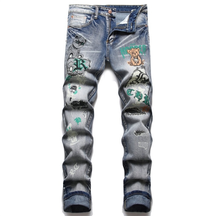 Külkereskedelmi Stílusú Macskabajusz Fehérre Mosott Mikroelasztikus Feszes Férfi Kisszárú Nadrág Betűs Mintás Farmer