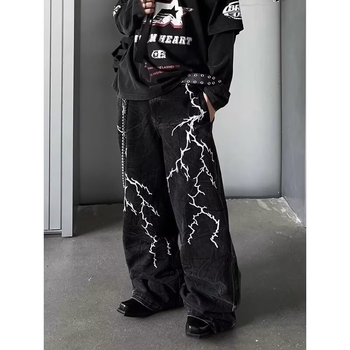 Amerikai Retro Niche Design Hímzett Villámmintás Laza Farmer Uniszex Lezser Utcai Egyenes Szárú, Földig Érő Nadrág