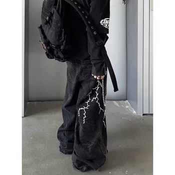 Amerikai Retro Niche Design Hímzett Villámmintás Laza Farmer Uniszex Lezser Utcai Egyenes Szárú, Földig Érő Nadrág