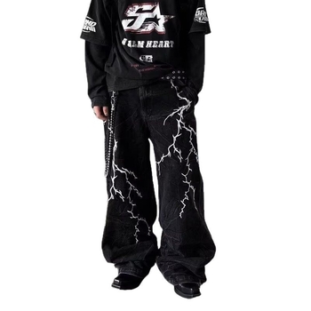 Amerikai Retro Niche Design Hímzett Villámmintás Laza Farmer Uniszex Lezser Utcai Egyenes Szárú, Földig Érő Nadrág