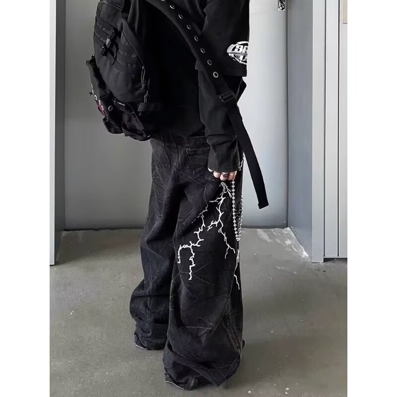 Amerikai Retro Niche Design Hímzett Villámmintás Laza Farmer Uniszex Lezser Utcai Egyenes Szárú, Földig Érő Nadrág