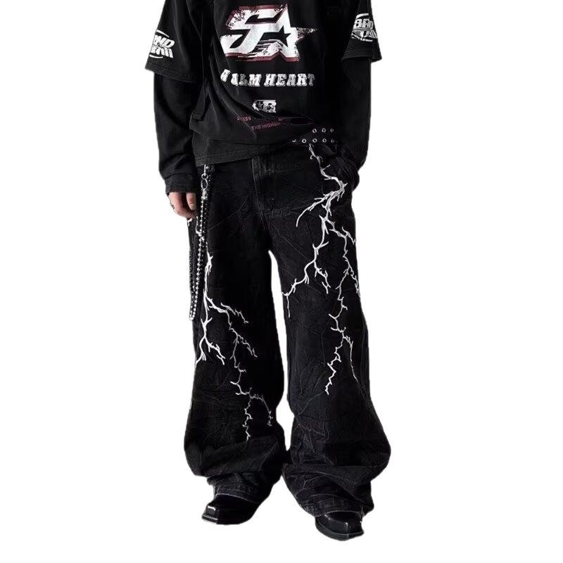 Amerikai Retro Niche Design Hímzett Villámmintás Laza Farmer Uniszex Lezser Utcai Egyenes Szárú, Földig Érő Nadrág