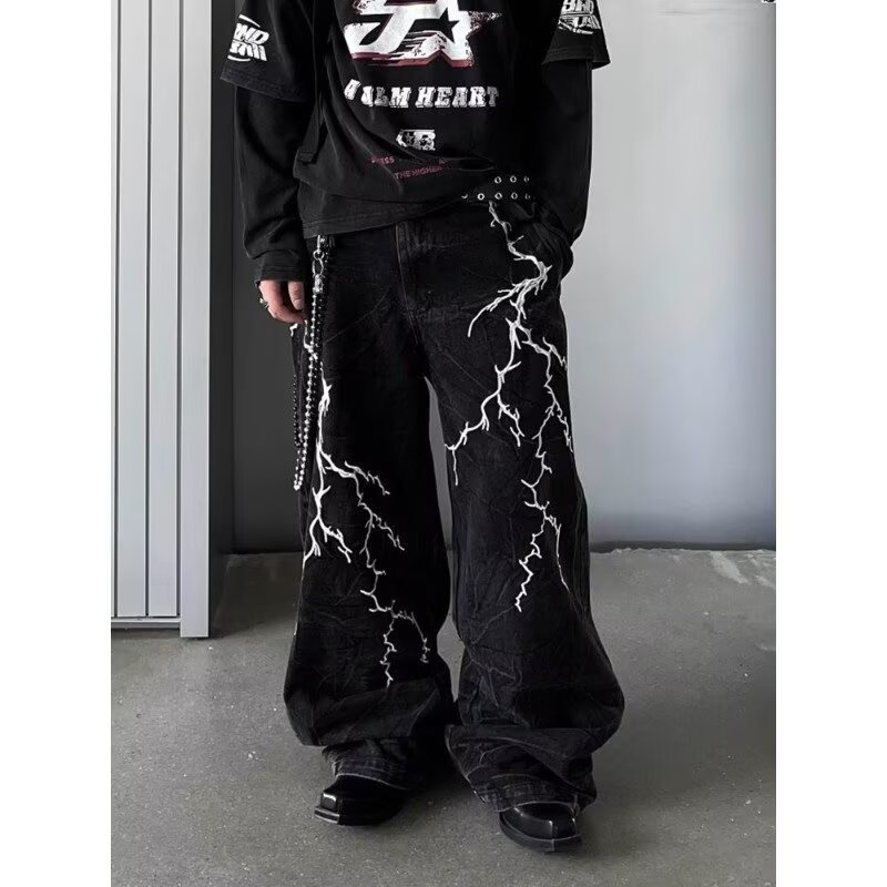 Amerikai Retro Niche Design Hímzett Villámmintás Laza Farmer Uniszex Lezser Utcai Egyenes Szárú, Földig Érő Nadrág