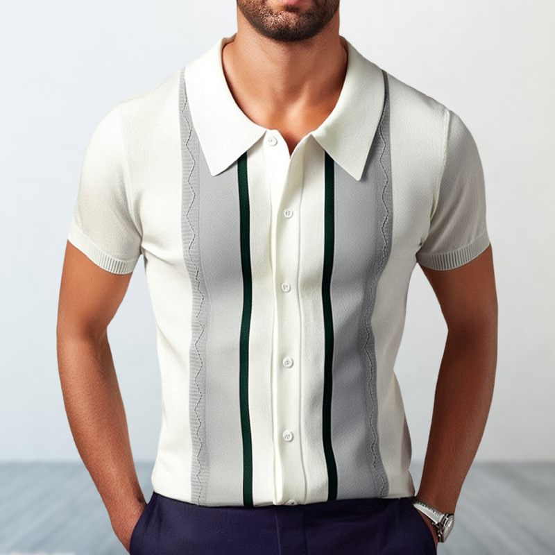 Eiropas un Amerikas ārējās tirdzniecības vīriešu vasaras jauns vīriešu trikotāžas džemperis ar atloku, ikdienas svītrains polo krekls