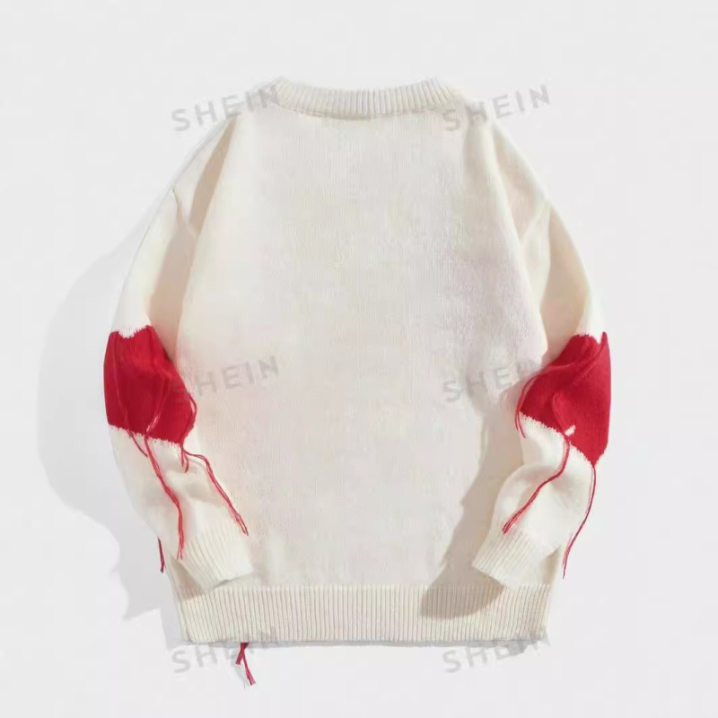 Határokon átnyúló TEMU Xiyin Amazon kötött, piros-fehér bojtos, hosszú ujjú, kereknyakú pulóver, európai és amerikai kivitelben