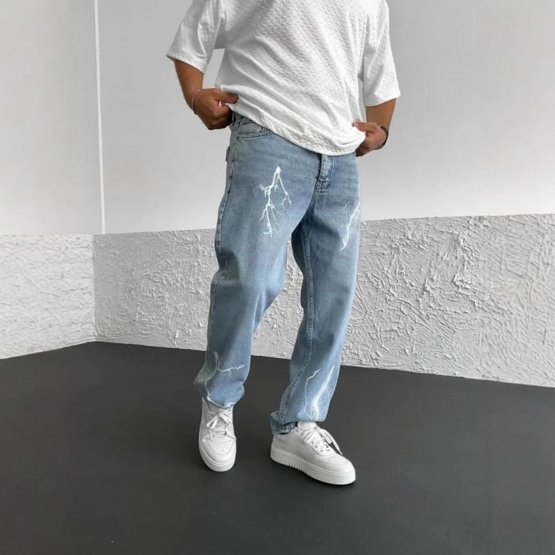 Trendi márkás nadrágok Férfi kölyökkutya jóképű luxus farmer High Street amerikai stílusú egyenes, széles szárú nadrágok Trendi