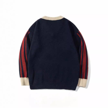 TEMU Xiyin Amazon kötött férfi pulóver, kontrasztos színű varrással, V-nyakkal, amerikai stílusú, bő, egyetemi fazon, hosszú.