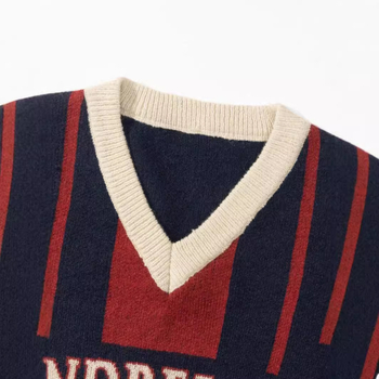 TEMU Xiyin Amazon kötött férfi pulóver, kontrasztos színű varrással, V-nyakkal, amerikai stílusú, bő, egyetemi fazon, hosszú.