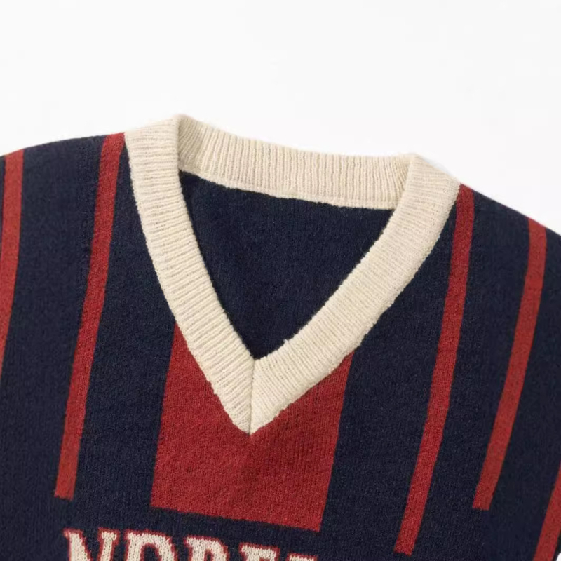 TEMU Xiyin Amazon kötött férfi pulóver, kontrasztos színű varrással, V-nyakkal, amerikai stílusú, bő, egyetemi fazon, hosszú.