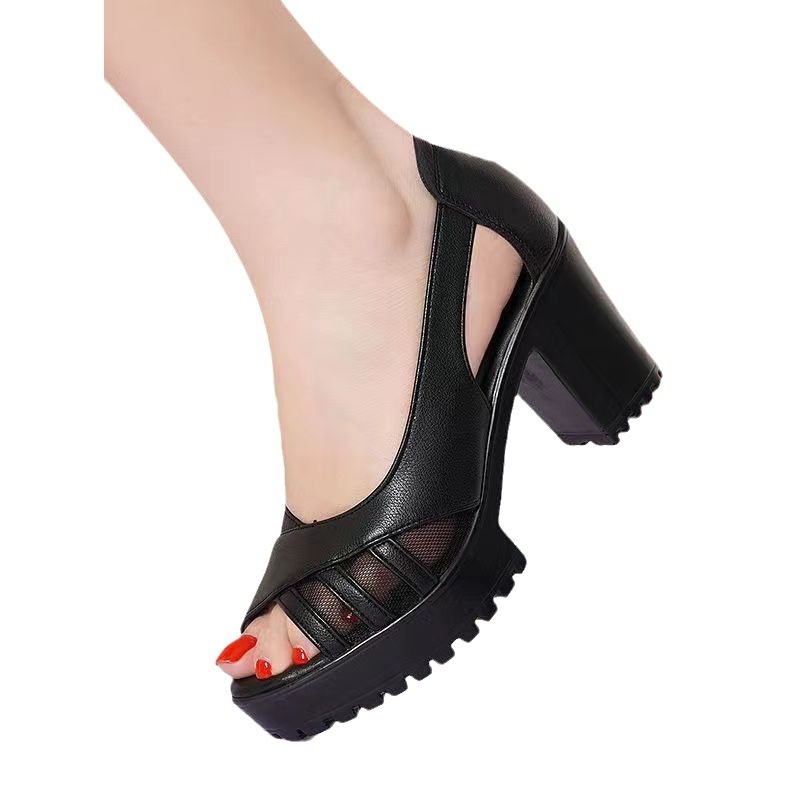 2024 m. vasaros nauji, atsparūs dėvėjimui, tinklelio, tuščiaviduriai, patogūs moteriški sandalai, storas kulnas, „žuvies burnos“ formos, minkštos odos aukštakulniai moteriški bateliai. Yra sandėlyje.