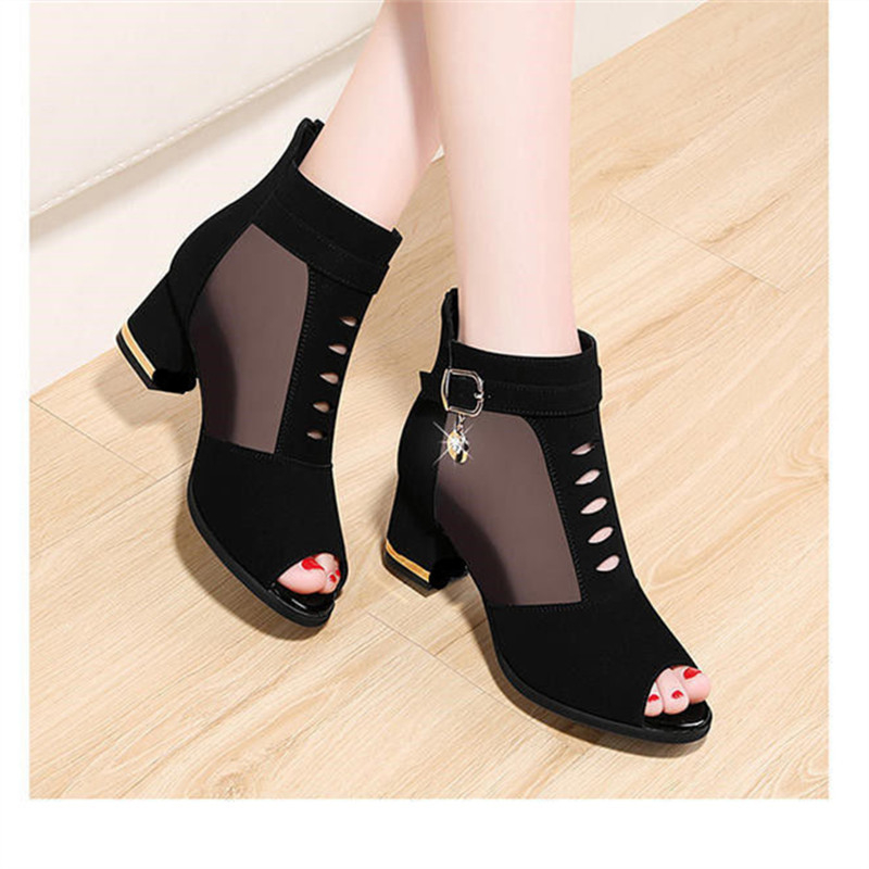 Ženske čizme s debelom petom i šupljim potpeticama, ljeto 2023., nove korejske cipele s uzorkom ribljeg usta, mrežaste sandale s visokom petom