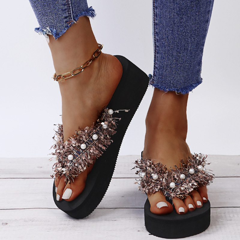 2024. aasta suvised uued Euroopa ja Ameerika tutiga avatud ninaga pärlmutterplätud lamedad sandaalid naiste väliskaubanduse kingad hulgimüügist, Wish Plus Size