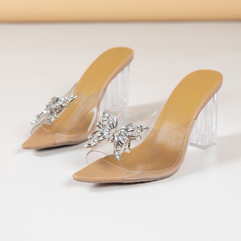 Aukštakulniai madingi sandalai moterims 2025 m. vasaros viršutiniai drabužiai Nauji fėjų krištolo deimantais inkrustuoti permatomi sandalai moterims